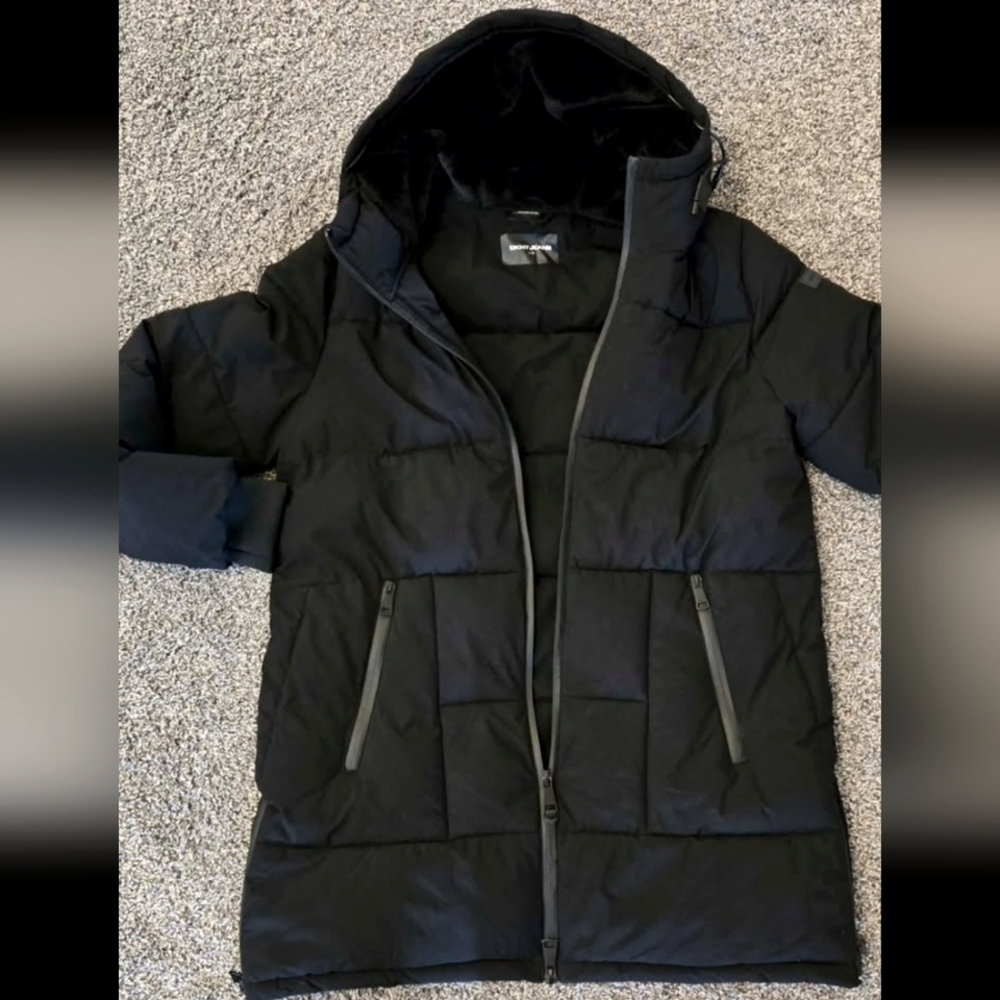 DKNY Black Quilted Hooded Puffer Coat